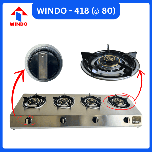 Bếp gas công nghiệp thấp áp 4 lò phi 80 - Windo 418