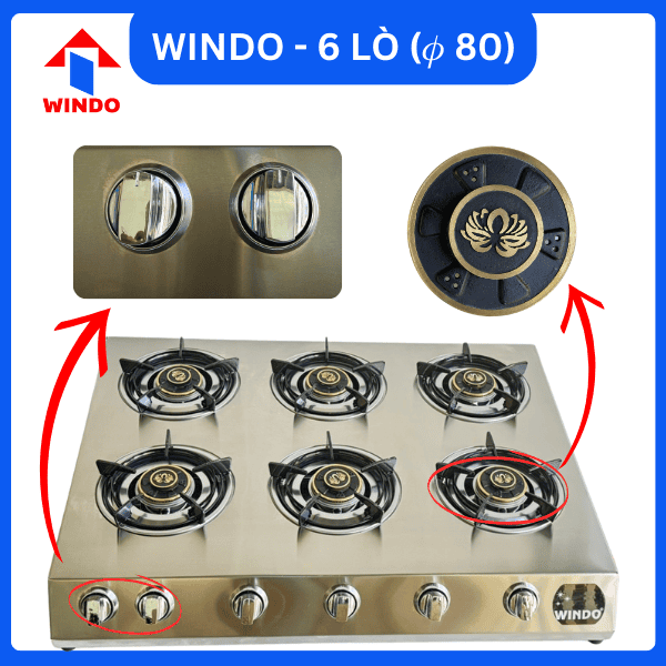 Bếp gas công nghiệp thấp áp Windo - 6 lò phi 80