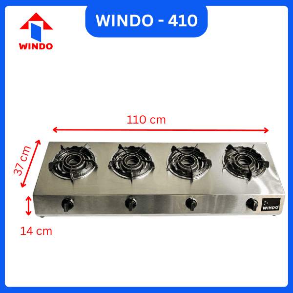 Kích thước bếp gas công nghiệp thấp áp 4 lò pji 100 - Windo 410