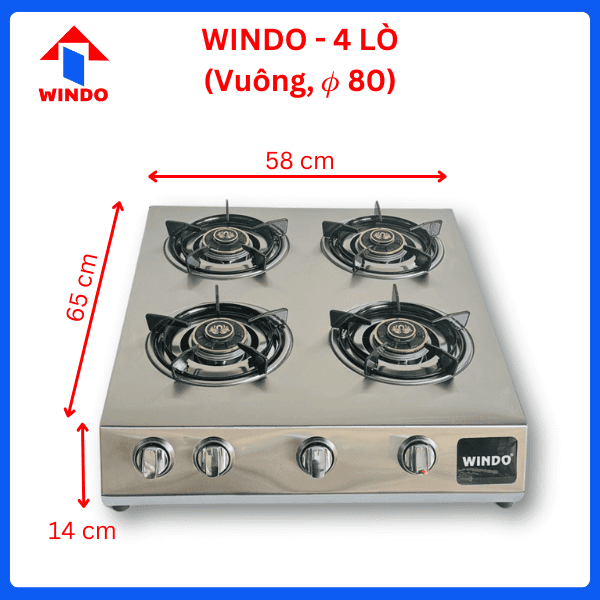 Kích thước bếp gas thấp áp Windo 4 lò vuông