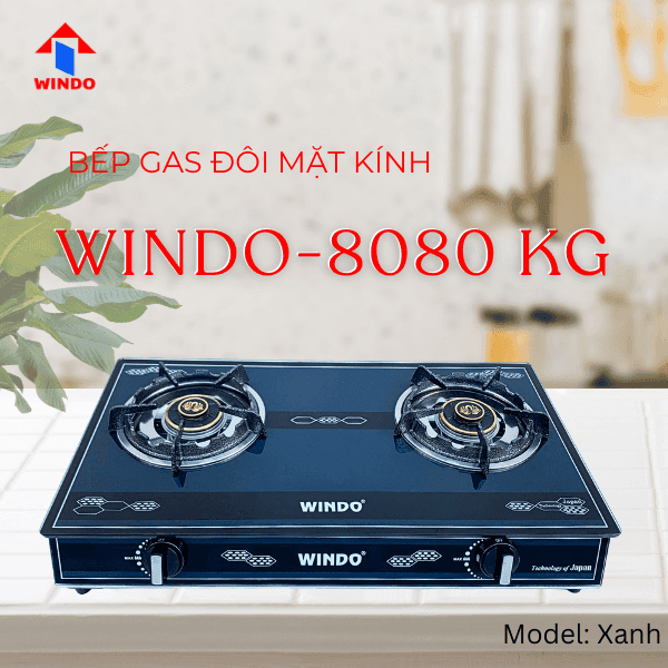 Bếp gas đôi để bàn mặt kính cường lực xanh