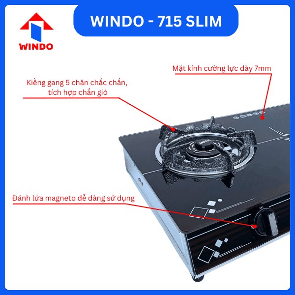 Bếp gas đôi Windo - 715Slim có đầu đốt đúc nguyên khối chất liệu đồng
