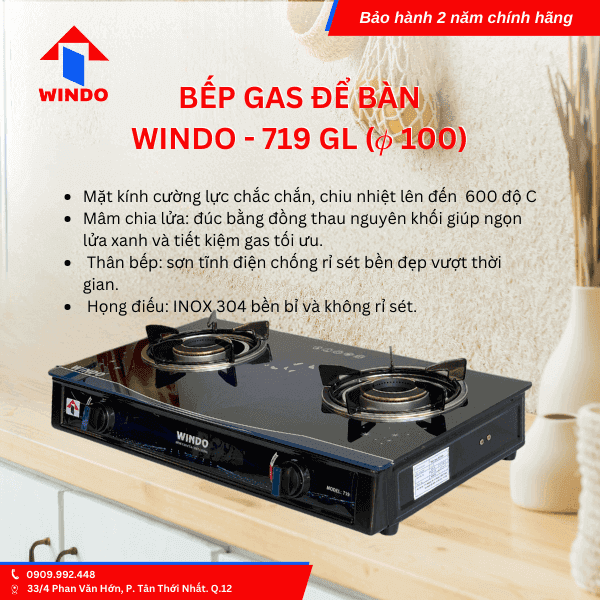 Bếp gas đôi mặt kính windo - 719GL phi 100 phù hợp với mọi không gian bếp