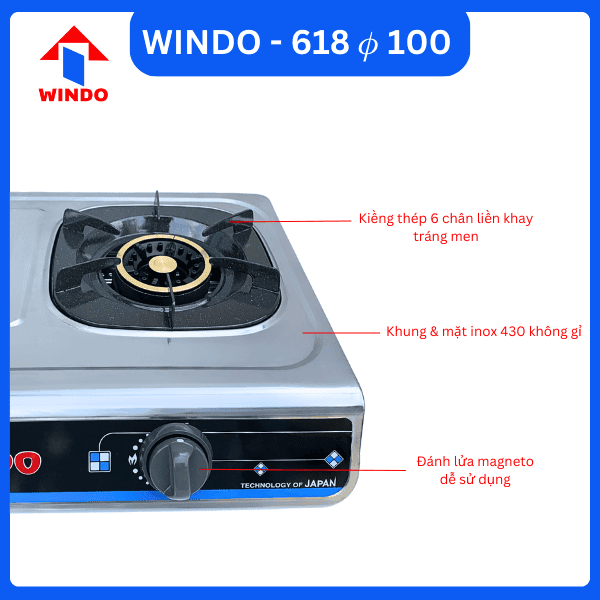 Bếp gas đôi mặt inox Windo - 618 phi 100 có điếu làm từ gang đúc nguyên khối