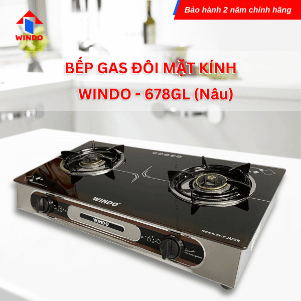 Bếp gas đôi mặt kính Windo - 678GL màu nâu