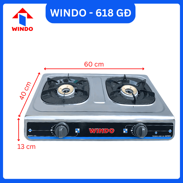 Kích thước bếp gas đôi khung inox Windo - 618 điếu gang đơn