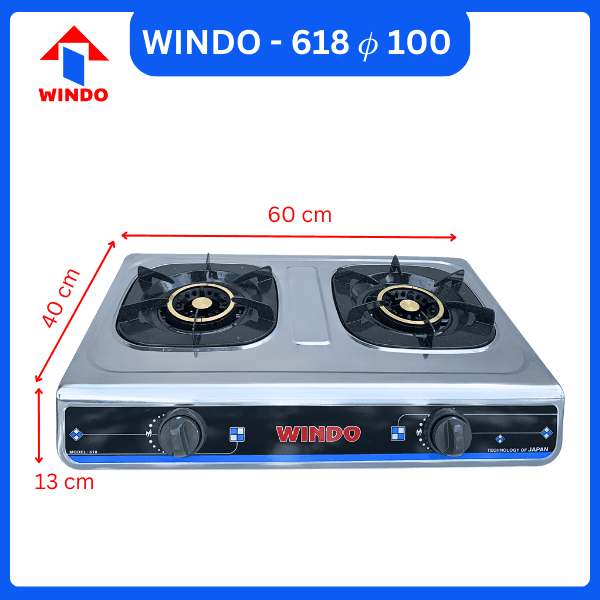 Kích thước bếp gas đôi Windo - 618 phi 100